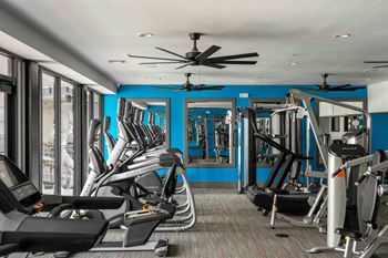 A gym with treadmills, weights, and a fan.